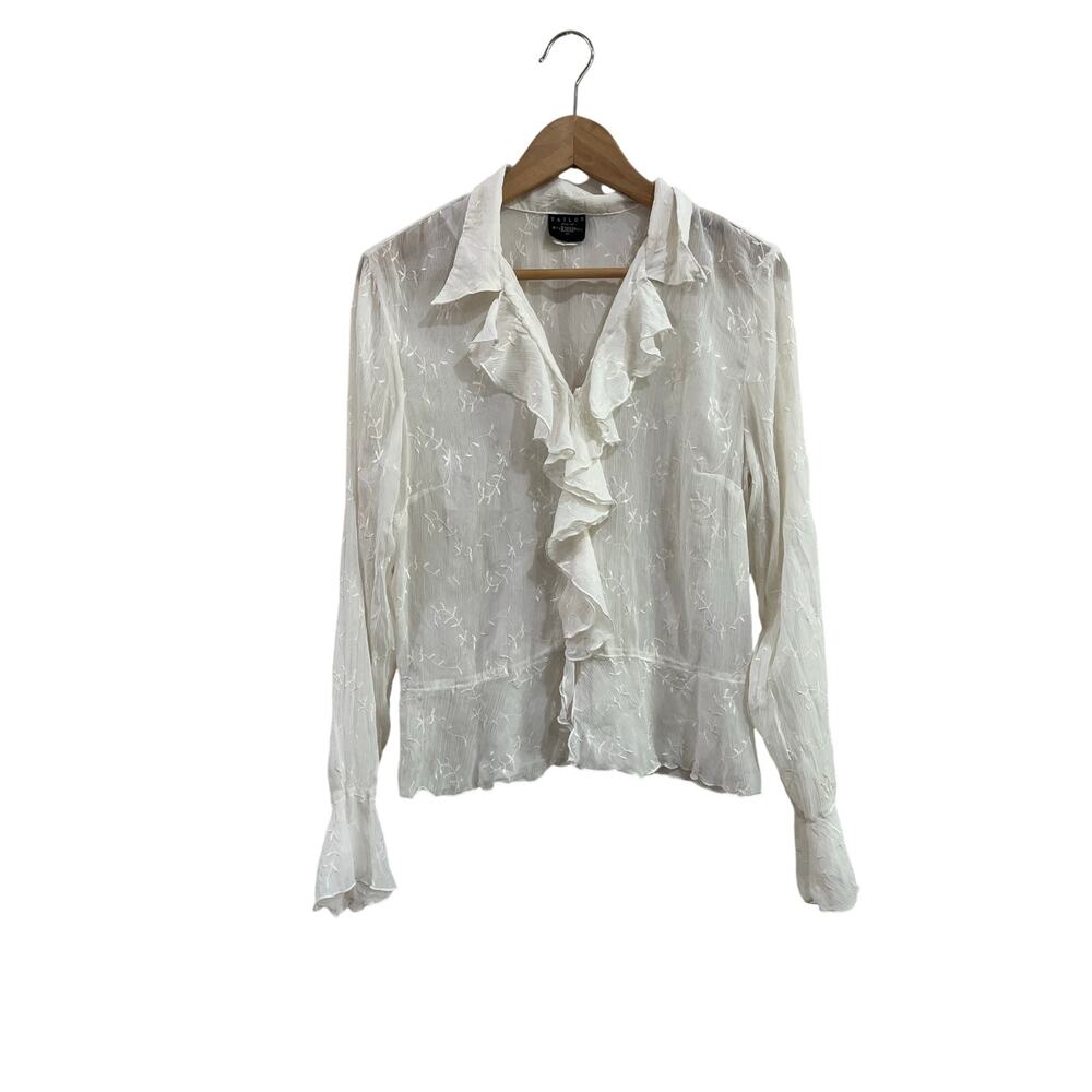 B Moss Tailor Sheer Ruffle Front Y2K Romantic Long Sleeve Blouse Large